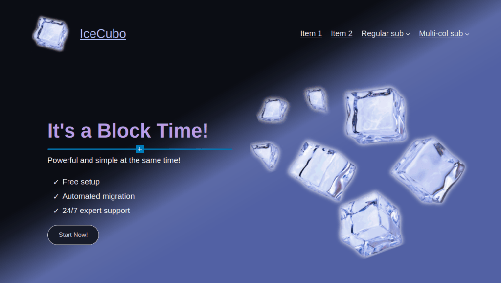 Header hero section with Bilberry skin for the IceCubo WordPress theme