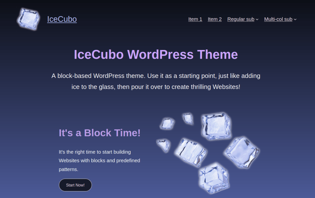 Another Header hero section with Bilberry skin for the IceCubo WordPress theme