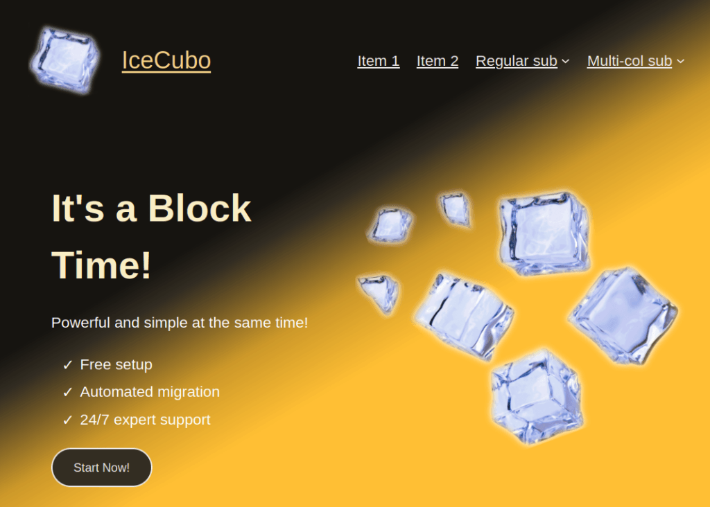Header hero section with Black Kumquat skin for the IceCubo WordPress theme