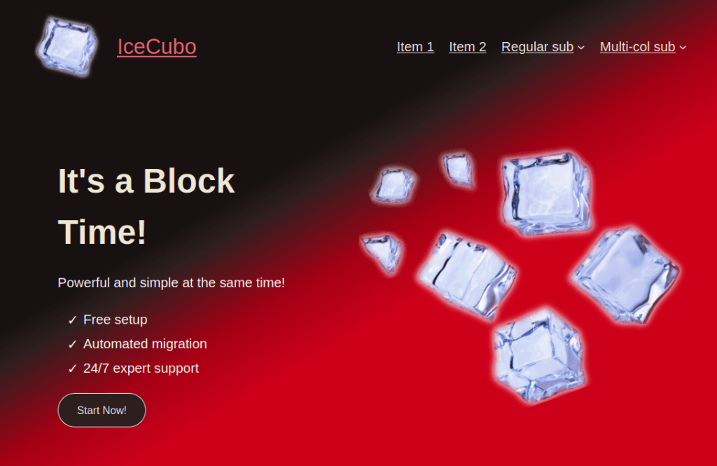 Header hero section with Cherry skin for the IceCubo WordPress theme