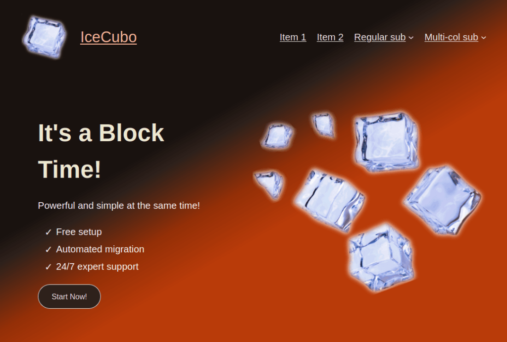 Header hero section with Clementine skin for the IceCubo WordPress theme
